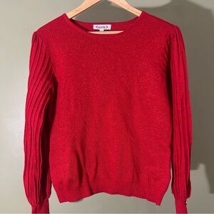 Nanette Lepore Sweater Womens L Red Sparkle Pleated Puff Sleeve Holiday Twee